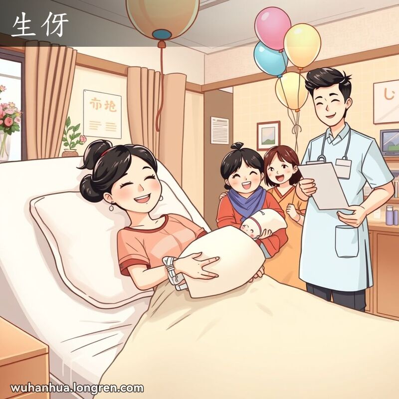 一位武汉妇女在医院病房中怀抱新生婴儿，家人围绕在身边，表现出生孩子的喜悦