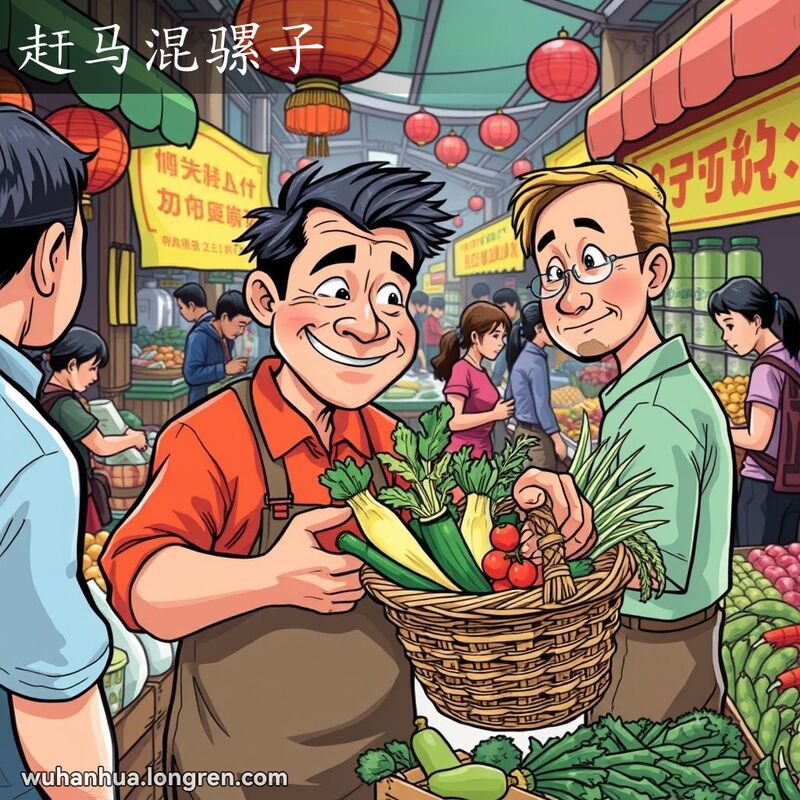 武汉传统市场中，一个狡猾的小贩正试图将混杂真假商品的篮子卖给不知情的顾客，背景是热闹的市场摊位。
