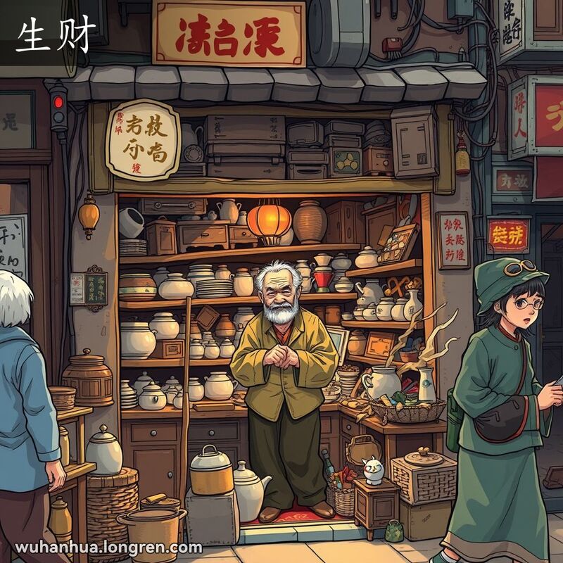 武汉老街上的一家传统商店，店内摆满了各种旧家具和杂物，店主正在整理这些物品，背景是武汉老街景