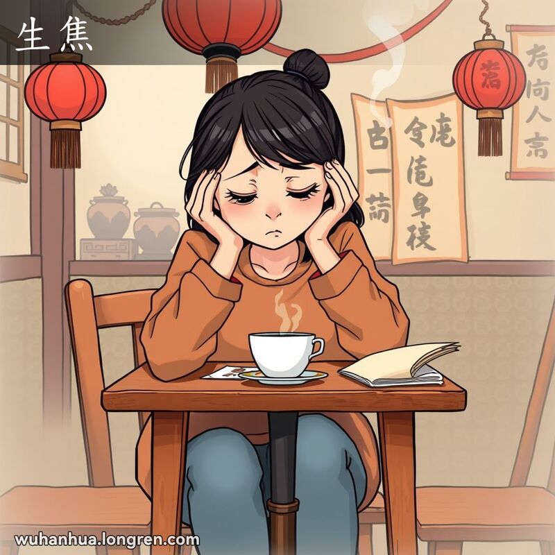 一位年轻的武汉女子在茶馆里，双手捧头，表情焦虑，桌上有文件和茶。