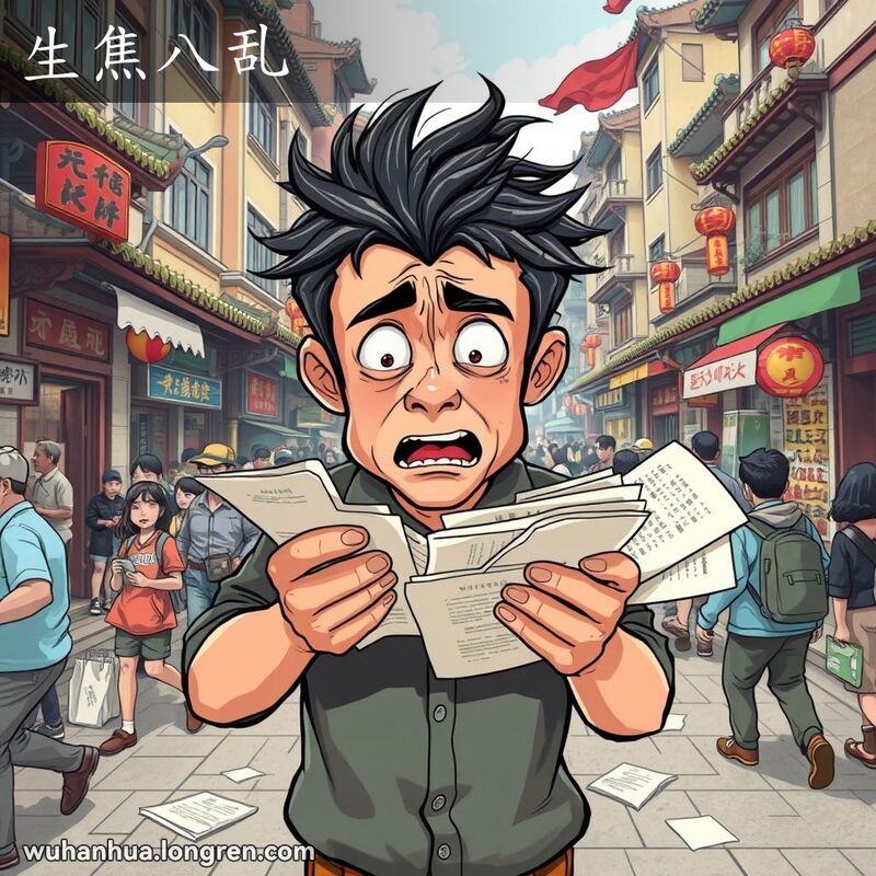 一位男子在武汉街头焦急万分，手中纸张散乱，背景是忙碌的老街景