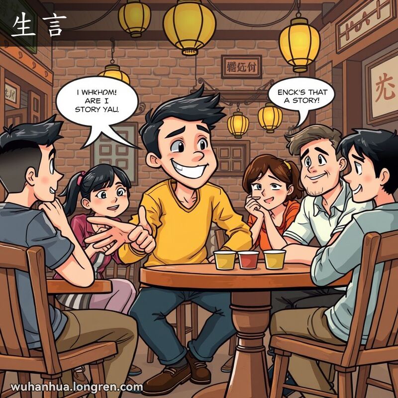 一群朋友在武汉茶馆里，一位年轻人正在捏造故事，其他人半信半疑地听着，背景是老旧的砖墙和灯笼
