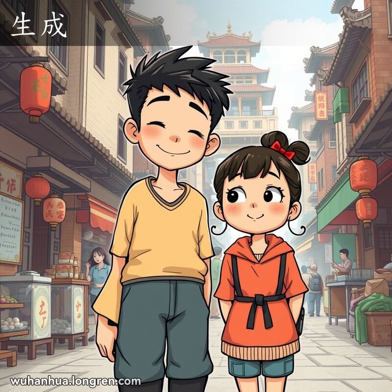 高个子男孩和矮个子女孩站在武汉街头，男孩自信微笑，女孩仰望他，背景是热闹的市场