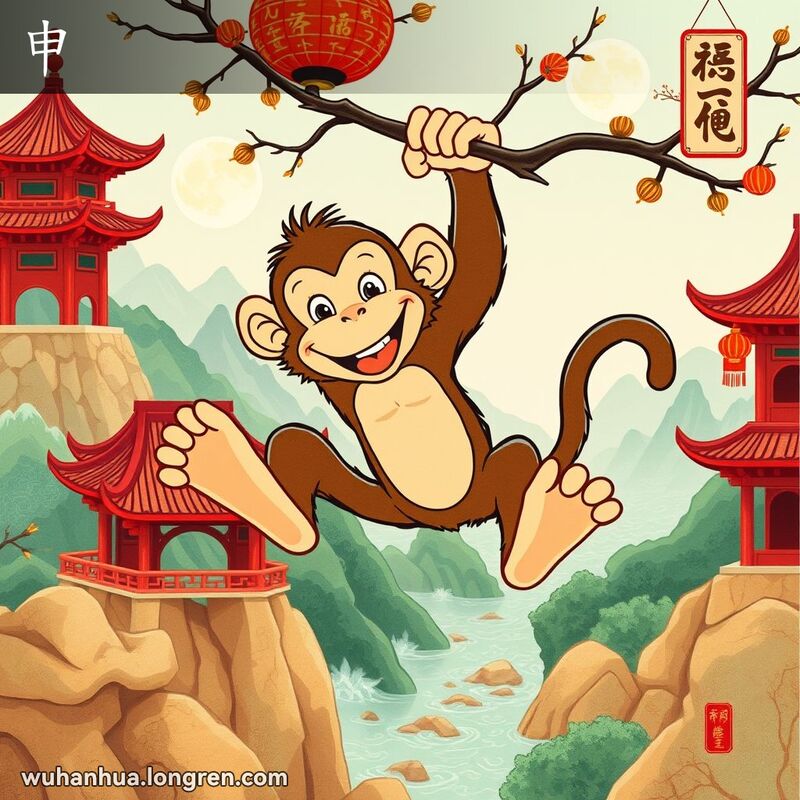 一只活泼的猴子在树枝上摆动，背景是传统中国建筑和山川流水，象征地支的第九位“申”。