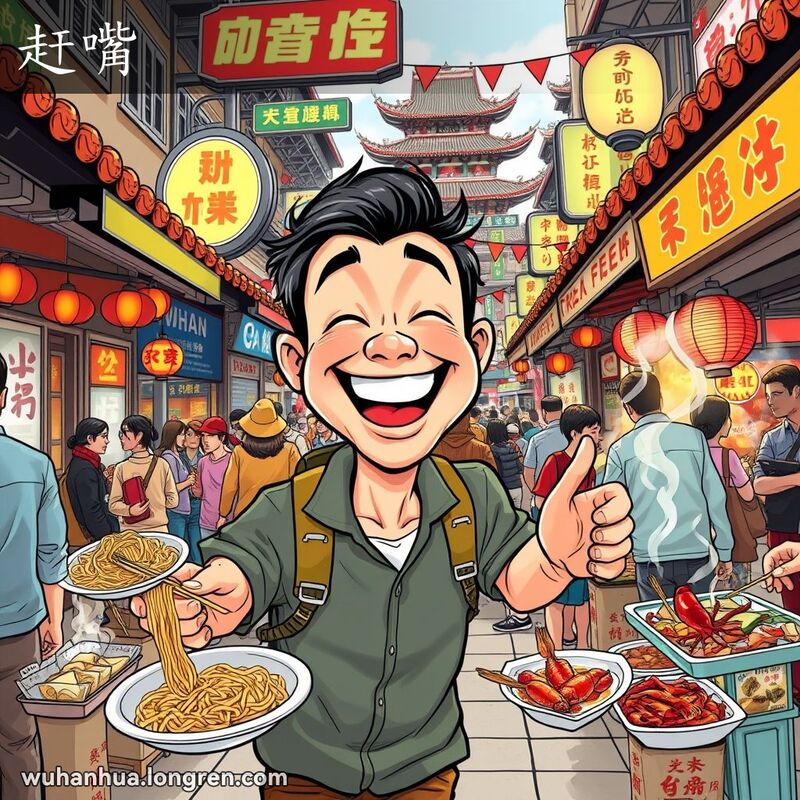 一位男子在武汉街头摊位间奔走，品尝美食，脸上露出满足的笑容，背景是繁忙的街景和色彩斑斓的招牌