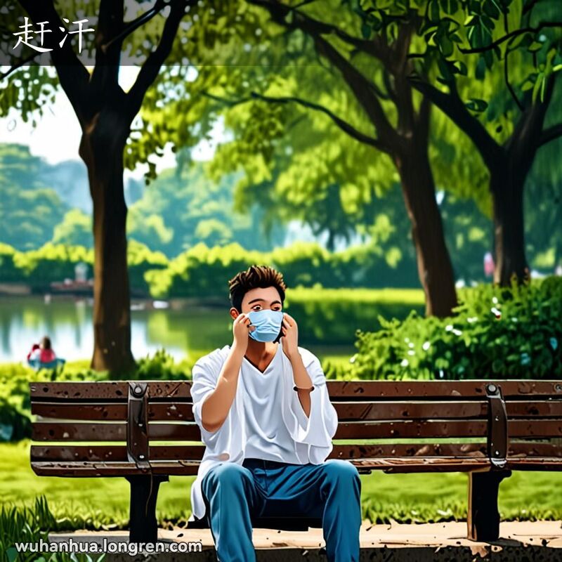 一位年轻的武汉市民在公园长椅上休息，用手帕擦拭额头上的汗水，表情略显疲惫但也有些如释重负的感觉，背景是绿意盎然的公园