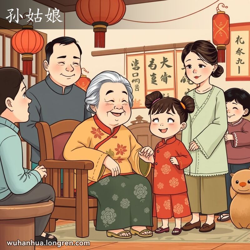 一个温馨的家庭聚会场景，老奶奶坐在中间，旁边是她的孙女，背景是传统的中国装饰。