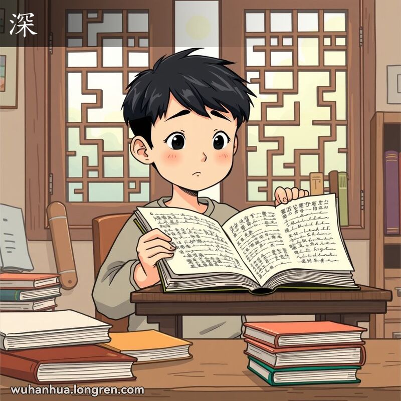 一位武汉学生坐在书桌前，手持一本内容复杂的书籍，露出困惑的表情，背景是传统的中式窗户和书桌