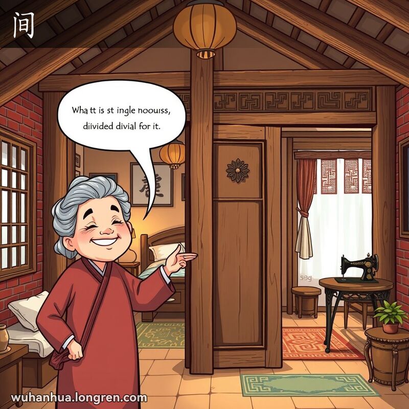 一间传统武汉老房子被木质隔断分成两个房间，老奶奶站在前景解释隔断的用途，背景展示两个房间的布置
