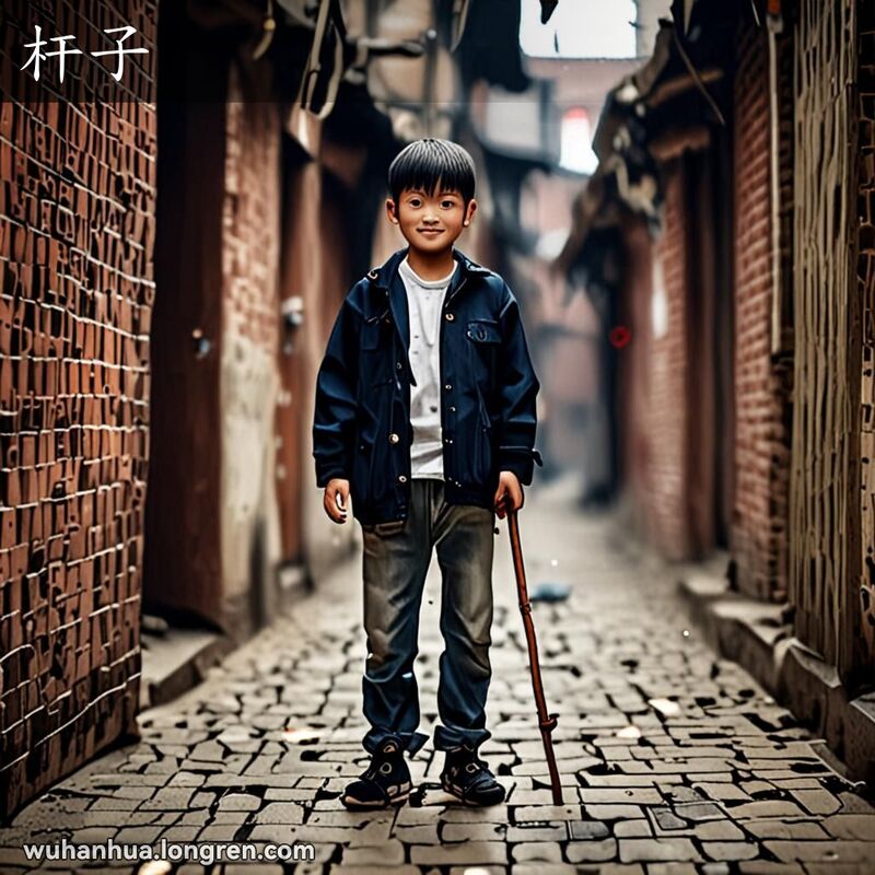 一位武汉小男孩手持木棍站在老巷子里，背景有老砖墙和晾晒的衣物