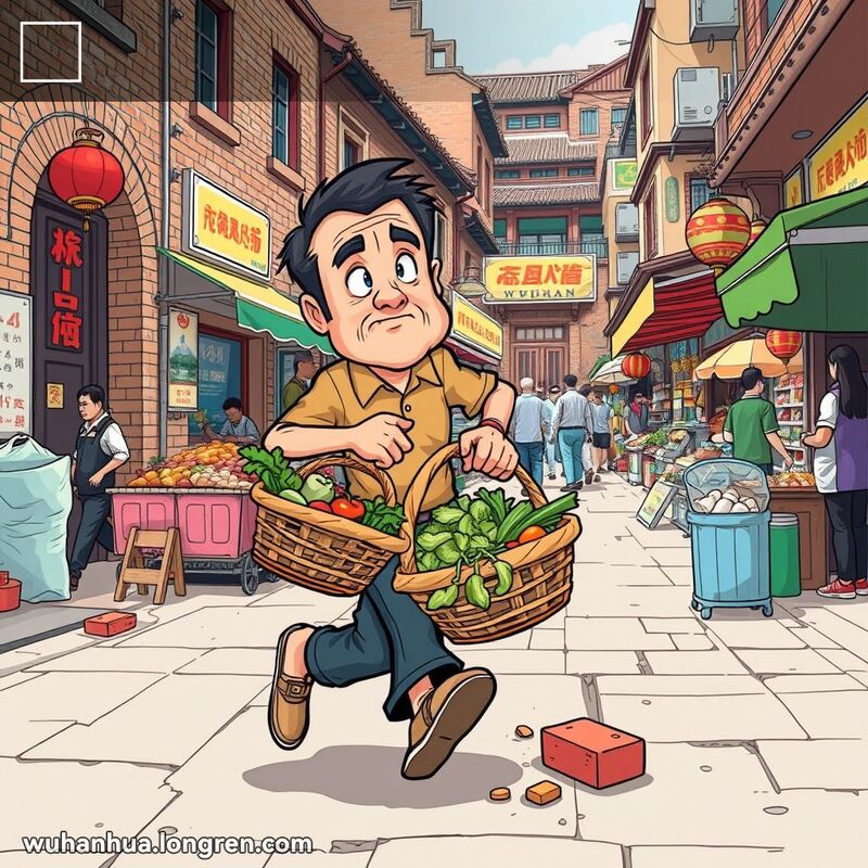 一位武汉市民在街道上行走时被小障碍物绊倒，菜篮子倾斜，蔬菜散落一地，背景是武汉老街景