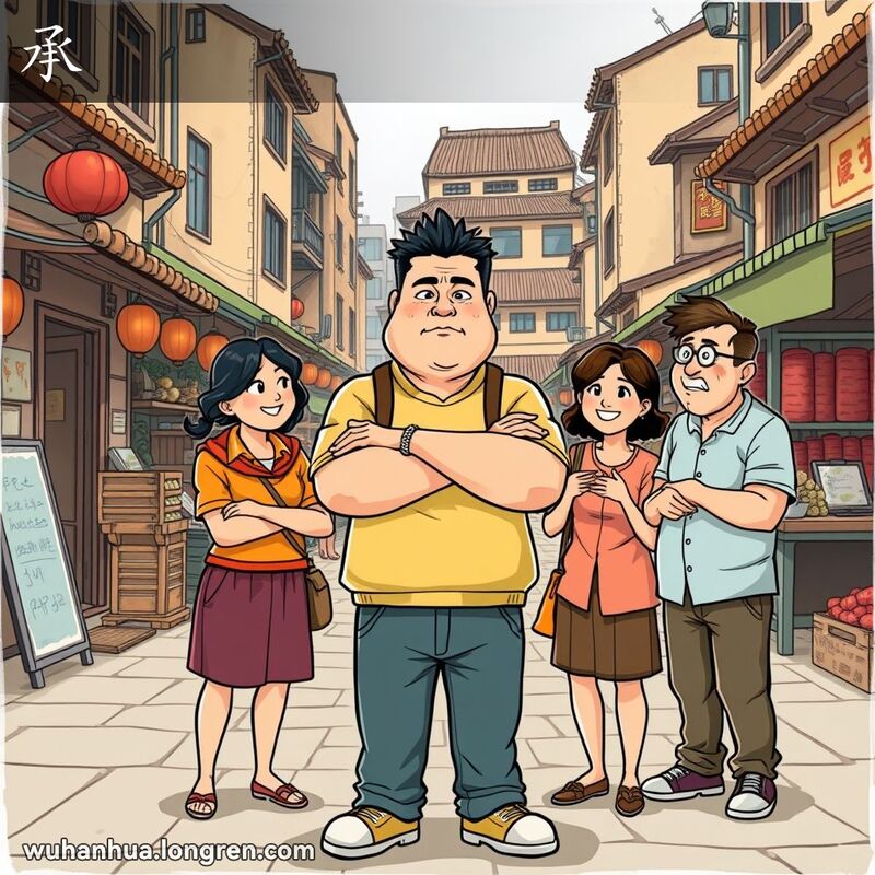 三个人站在武汉街头，中间的男子坚定地准备承担责任，朋友们在旁边表示支持。