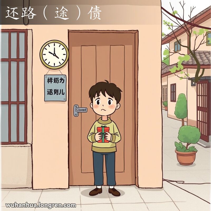一位市民站在紧闭的门前，手拿礼盒，脸露失望表情，背景是武汉居民街道，门上有关门牌子和错误时间的钟。