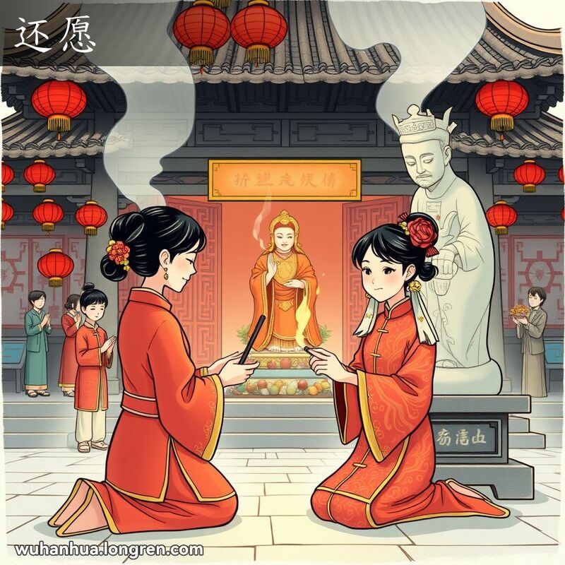 一位女性在寺庙中跪拜，手持香火，面对神像，表情虔诚，背景有红灯笼和其他信徒