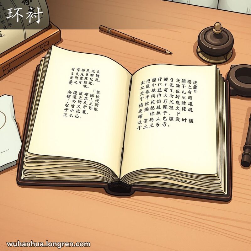 一本打开的书，展示封面后的第二页“环衬”，旁边有毛笔和砚台等传统中国元素