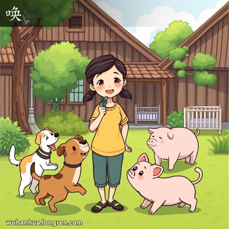 一位武汉农村妇女在院子里吹口哨唤家畜，狗、猫和猪都兴奋地向她靠近，背景有婴儿床的暗示。