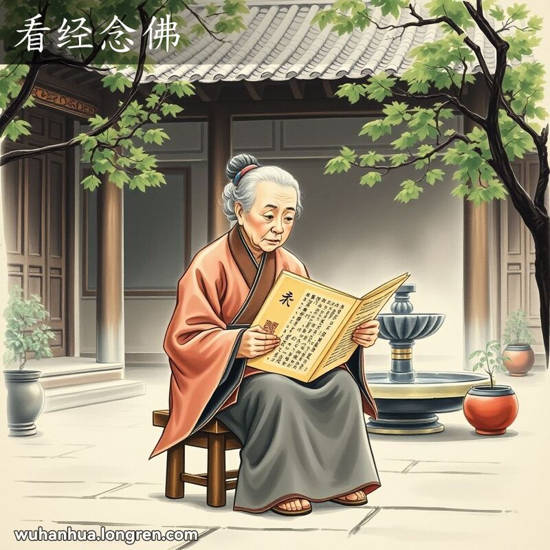 一位老妇人坐在庭院中，手捧经书诵读，背景是传统中国建筑和宁静的庭院景色。