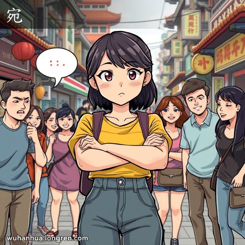 一位年轻的武汉女子双臂交叉，面露坚定和固执的表情，周围是试图说服她的朋友，背景是武汉繁忙的街道。