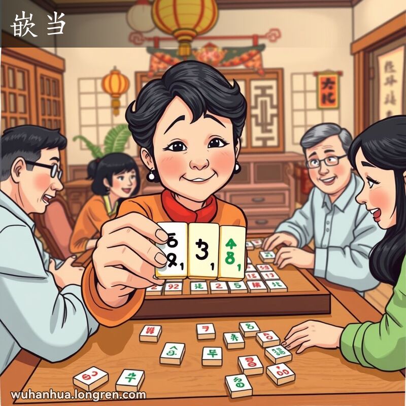 一位中年妇女在麻将桌前手持中间数字的麻将牌，背景是传统中国家庭客厅