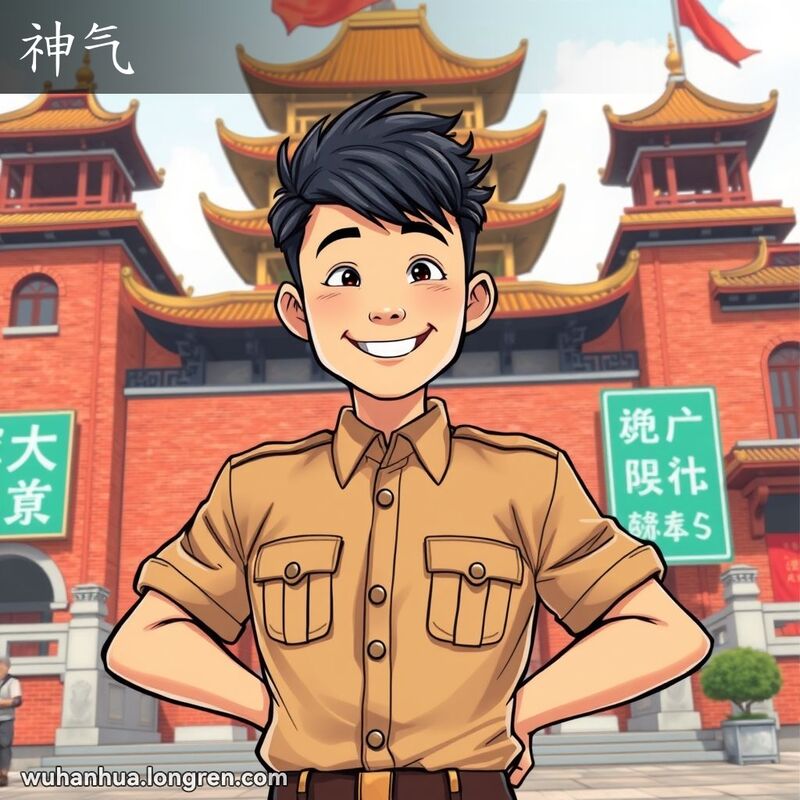 一位穿着制服的年轻人站在武汉黄鹤楼前，神情自豪且充满活力，背景是武汉的传统建筑