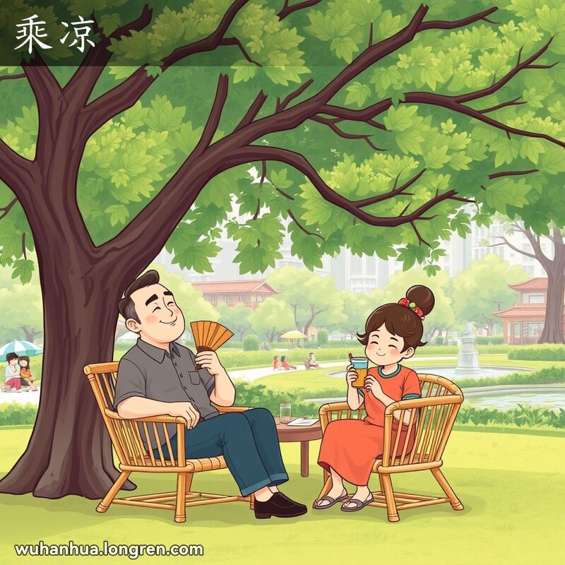 一个三口之家在公园大树下乘凉，父亲摇扇子，母亲喝冰饮，孩子玩玩具，背景是武汉公园景象