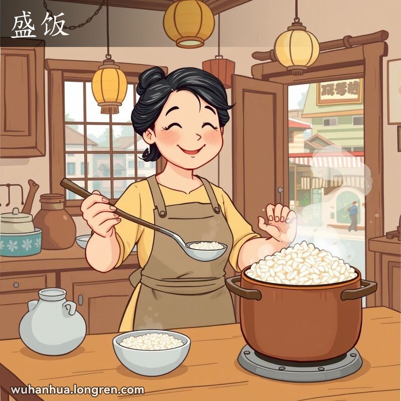一位中年妇女在厨房里用大勺把米饭舀进碗里，背景是古朴的厨房和窗外的武汉街景