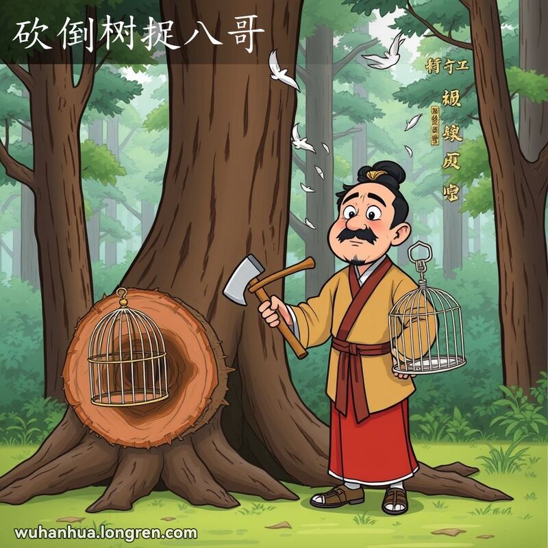 一位穿着传统中国服饰的男子站在被砍倒的大树旁，手持斧头和空鸟笼，脸上露出困惑和僵硬的表情，背景是茂密的森林