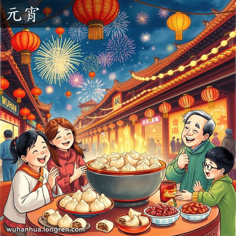 武汉市民在元宵节晚上围坐在桌旁，享用汤圆，背景是挂满灯笼的传统建筑