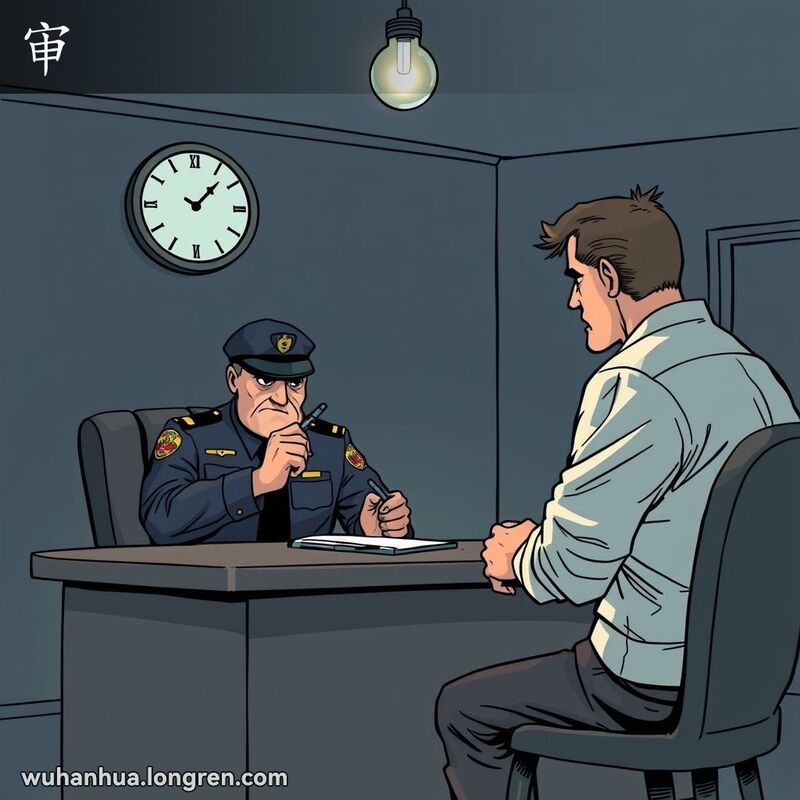 一位严肃的警察在审讯室内审问一位紧张的被审讯者，房间氛围严肃正式。
