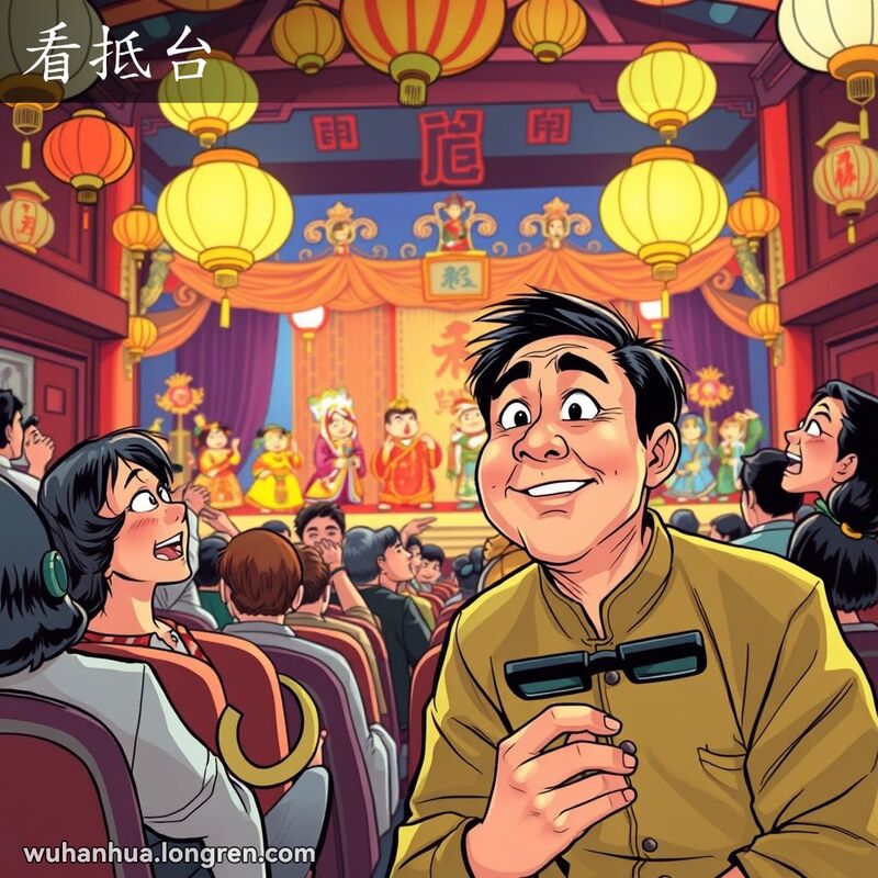一位中年男子坐在戏台前排，手持望远镜，眼神中充满好奇和兴奋，正在专注地观看传统中国戏曲表演。