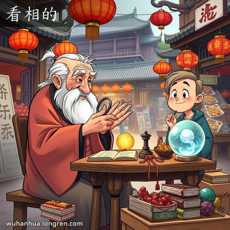 一位年长的算命先生在武汉街头为顾客看手相，背景是繁忙的街市和传统建筑