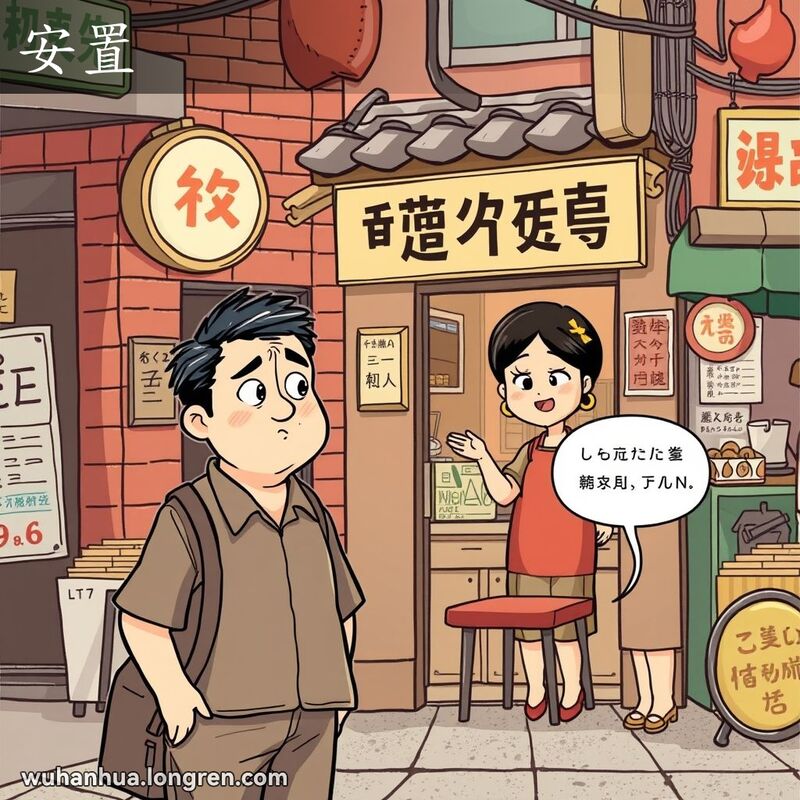 一位中年男子站在武汉街头小店前，店主邀请他进店，男子露出“安置”的表情，背景是武汉老街景
