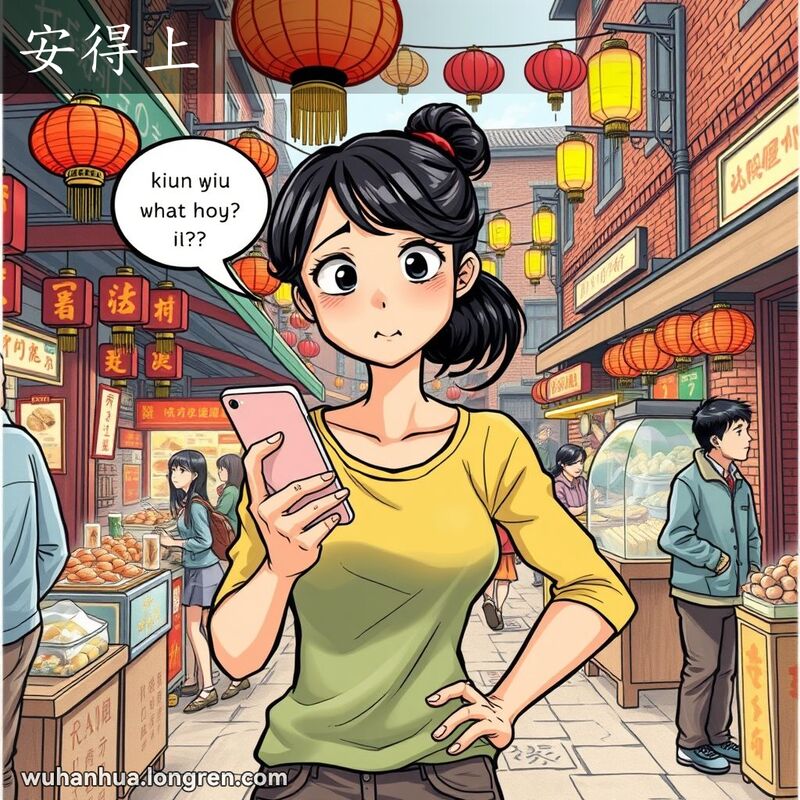 一位年轻女子在武汉街头市场中手持电话，露出沮丧的表情，背景是传统小吃摊和老建筑