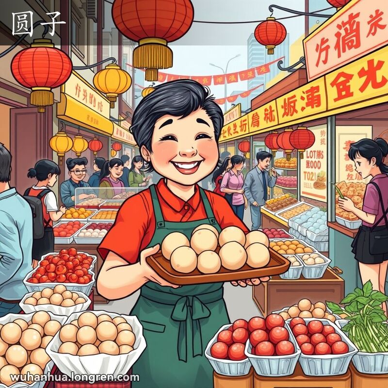 武汉街头小吃摊，摊主手持肉丸子邀请顾客品尝，背景有其他小吃摊和行人