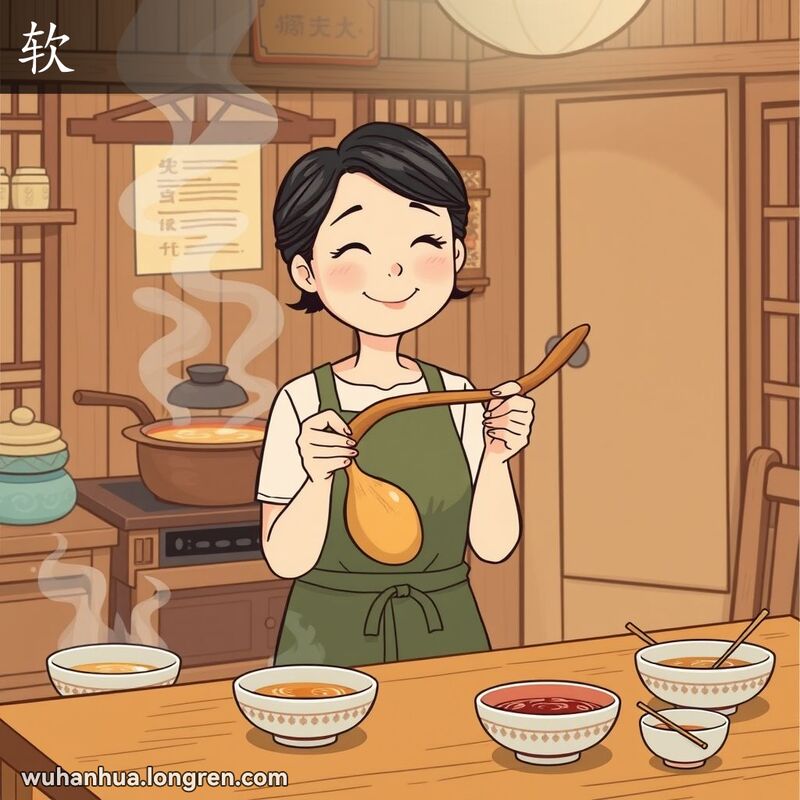 一位中年妇女在传统厨房中手持柔软的木制瓢，背景有冒热气的锅和摆满碗筷的木桌