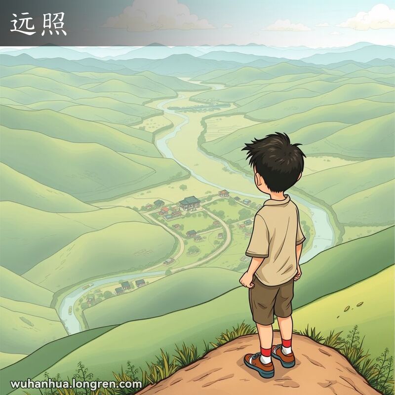 一个人站在高山上，手掌平放在额前眺望远方，背景是连绵的山丘和传统中国村庄