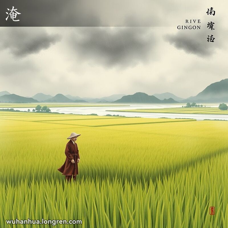 农民站在被洪水淹没的稻田边，天空阴沉，农民神情忧虑，背景是农村景象。