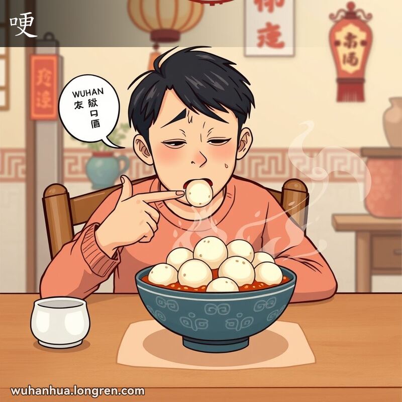 一个人坐在餐桌前，面前是一碗糍粑，表情痛苦，一只手捂着喉咙，另一只手指着食物，背景是温馨的家庭环境。