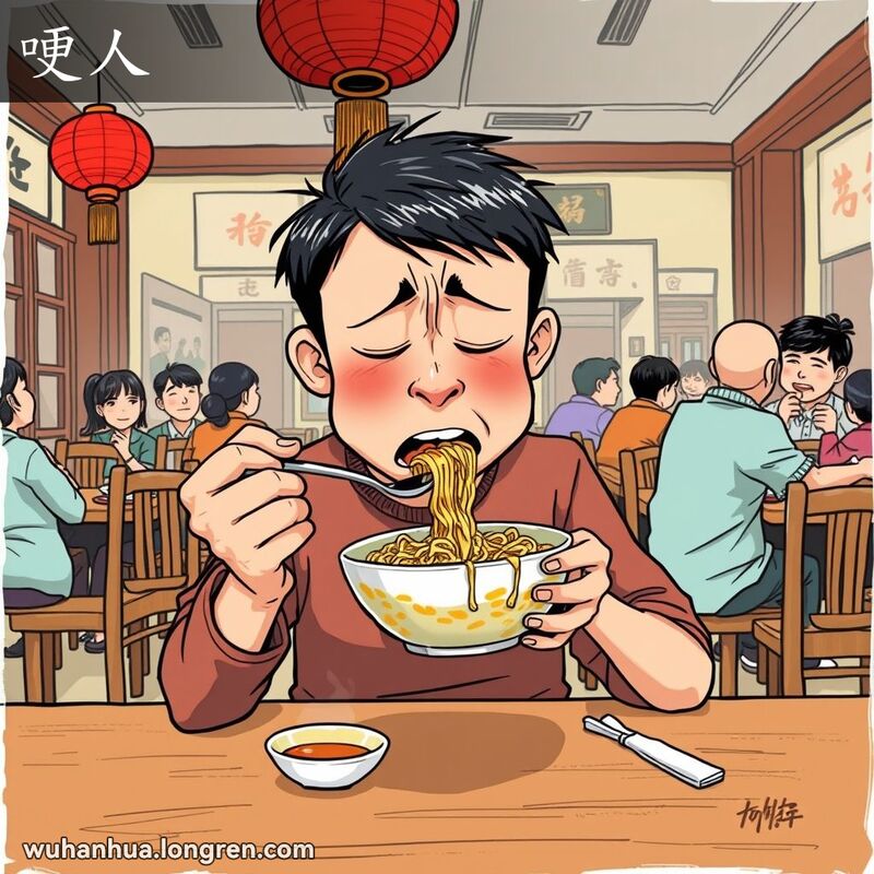 一位顾客在武汉餐馆吃面时被噎住，面色涨红，背景是其他食客愉快用餐