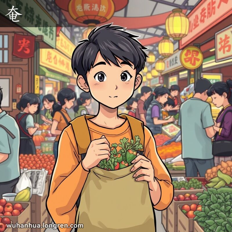一位年轻的武汉市民在市场中挑选物品，表情专注，背景是繁忙的市场景象