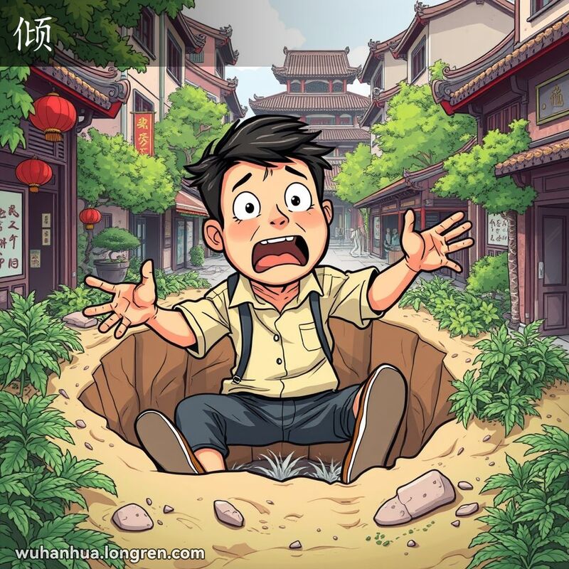 一个人陷入大坑中，无法动弹，表情惊讶且沮丧，背景是武汉老街景
