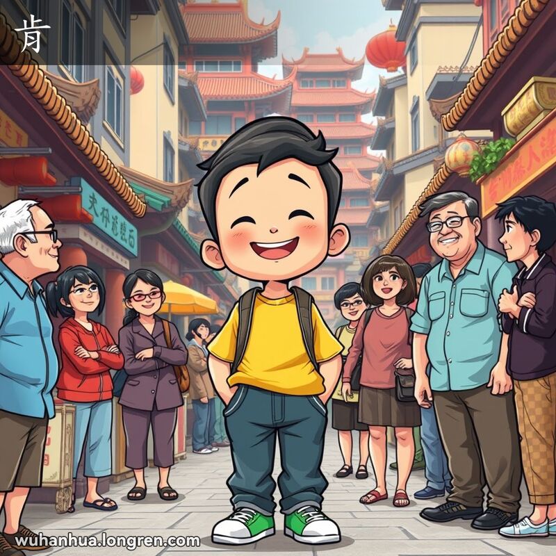 一位武汉男孩站在成年人中间，身高几乎与他们相当，脸上带着自信和快乐的表情，背景是繁忙的武汉街景