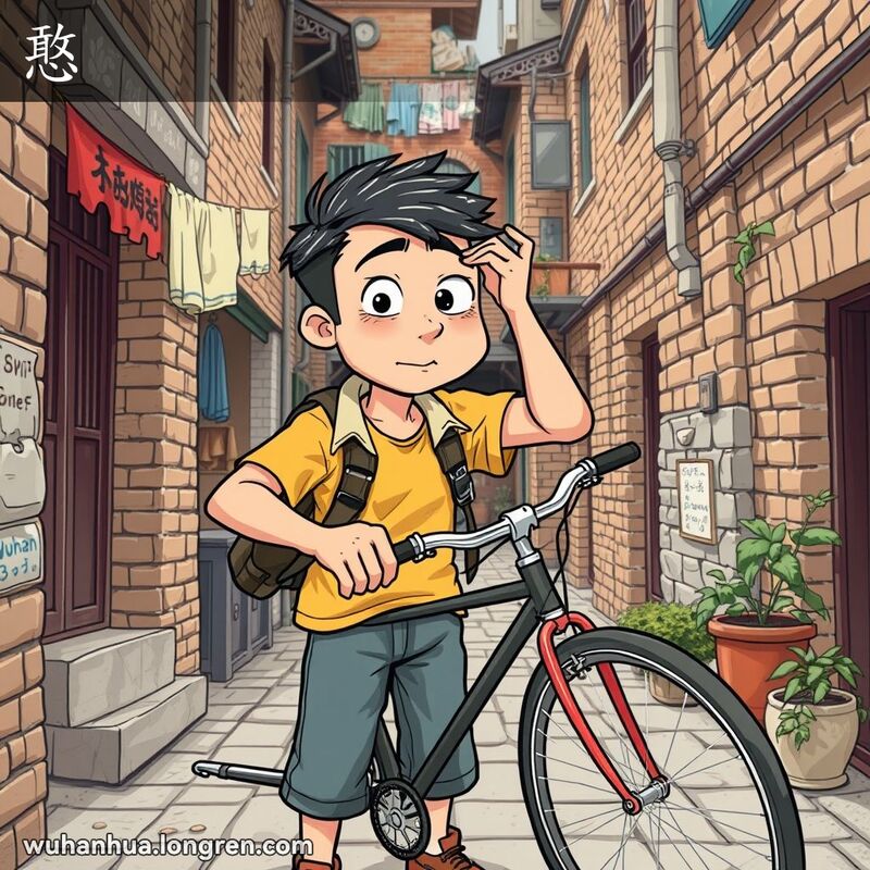 一位武汉年轻人在老巷子前修理自行车，表情困惑且笨拙，背景是武汉老街景