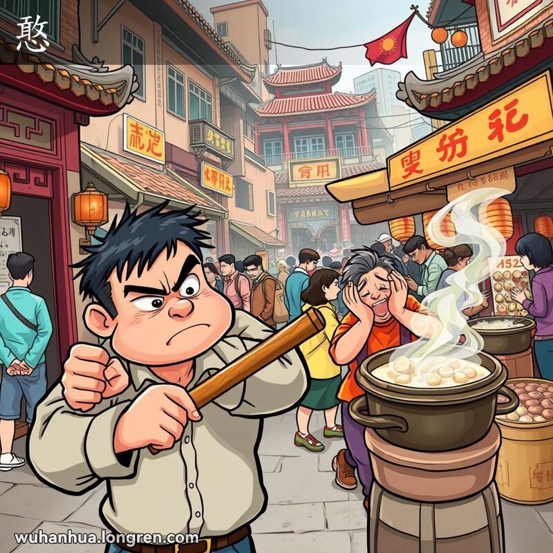 武汉街头，一位男子手持木棍准备打人，背景是繁忙的市场和文火慢炖的稀饭