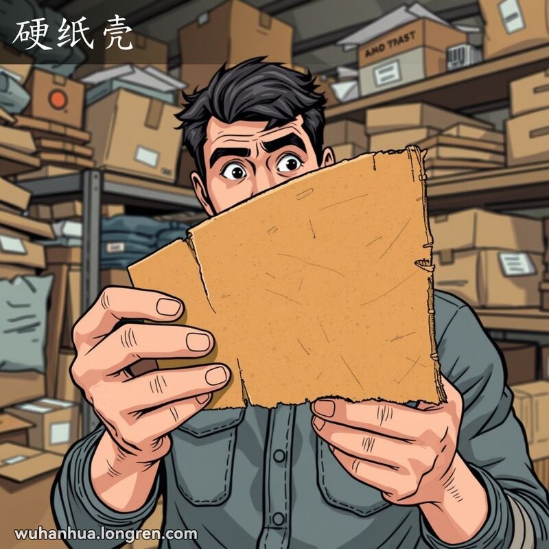一位男子手持一块厚实、坚硬的纸板，仔细观察它的质地，背景是杂乱的储藏室