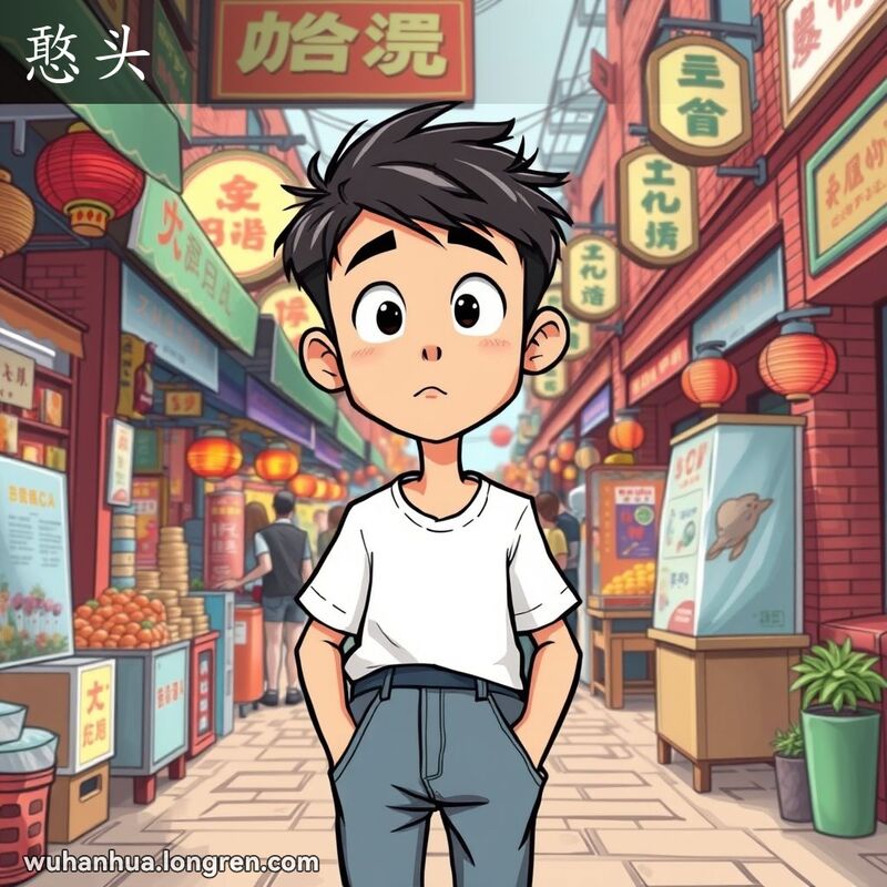 一位年轻男子在武汉街市中，表情困惑迟钝，背景是繁忙的街市景象