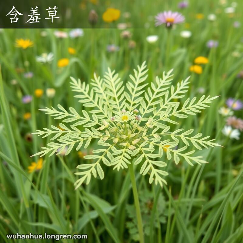 一片绿色草地上的含羞草，叶片细长如羽毛，小叶片密集排列，微风或轻触使小叶片合拢，叶柄下垂，背景有野花和草地。