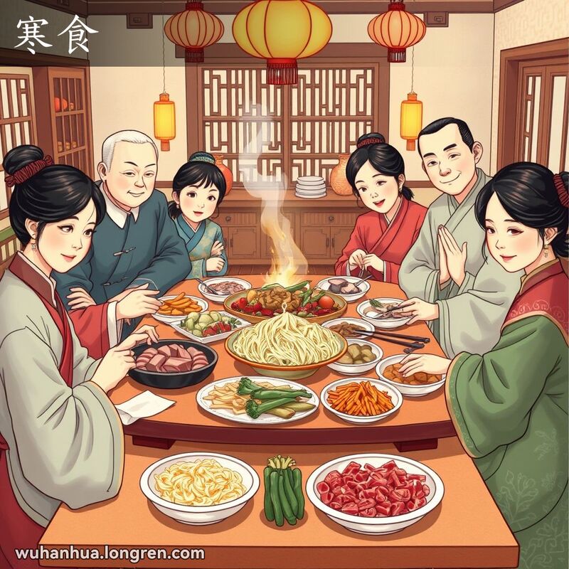 一个传统中国家庭在清明节前一天聚在一起，桌上摆满了冷食，背景是温馨的家庭环境