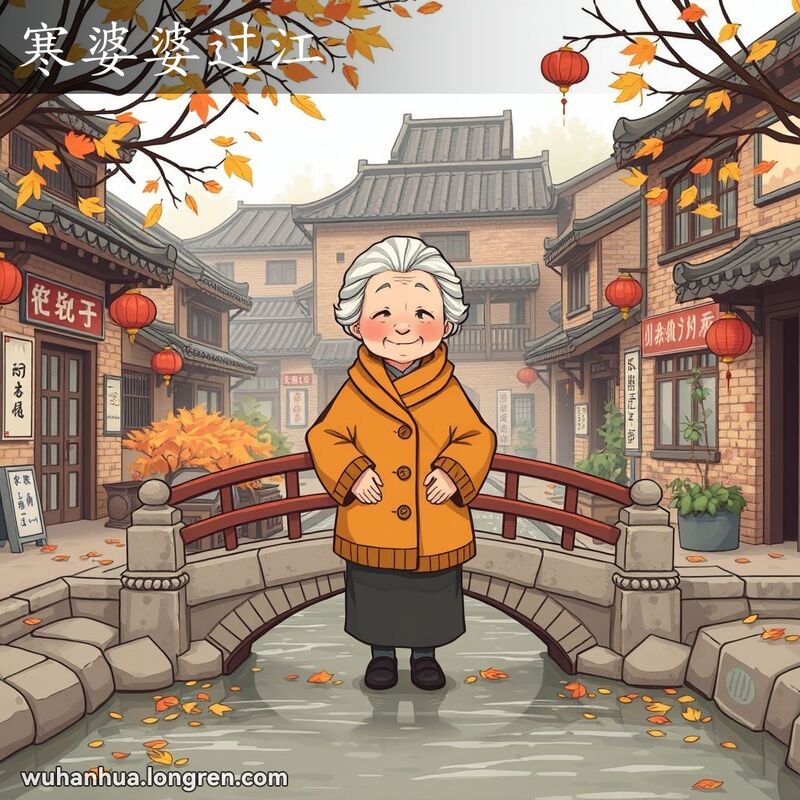 武汉老街秋季景象，老妇人跨过小桥，象征寒潮到来，背景有红砖房和旧式招牌