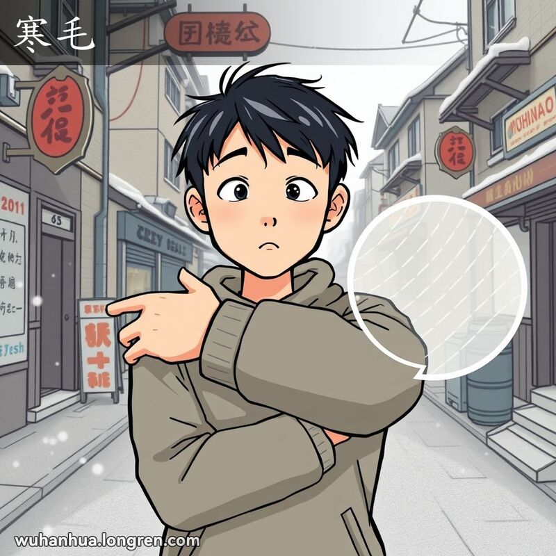 一位武汉市民站在街头，手臂上因寒冷而竖起的细毛，背景是老建筑和传统招牌